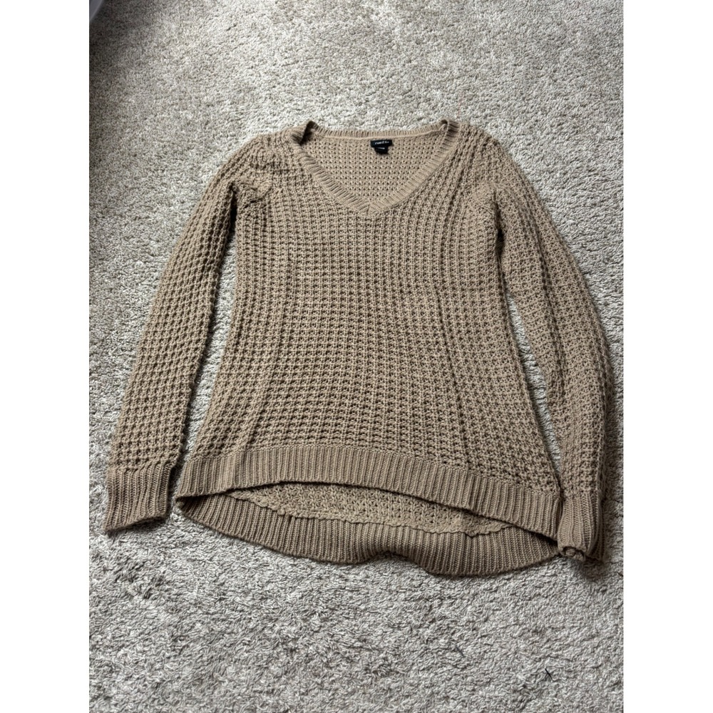 Rue21 Womens V-Neck Textured Open Knit Sweater Tan Brown High Low Hem Medium